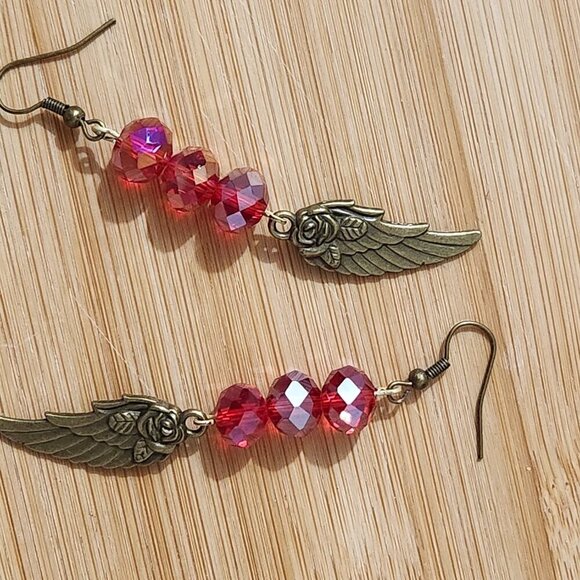 Hand Crafted Earrings Angel Wings Red Crystal Beads Bronze Wings Dangle - Picture 6 of 6